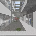 Modern Public Office Space With Open Corridor Glass Walls Gravel Flooring And Small Green Plants
