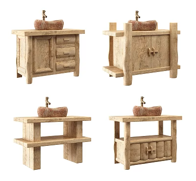 Rustic Wooden Washstands with Brown Towel Drawers Cabinet Doors and Shelves 3d model