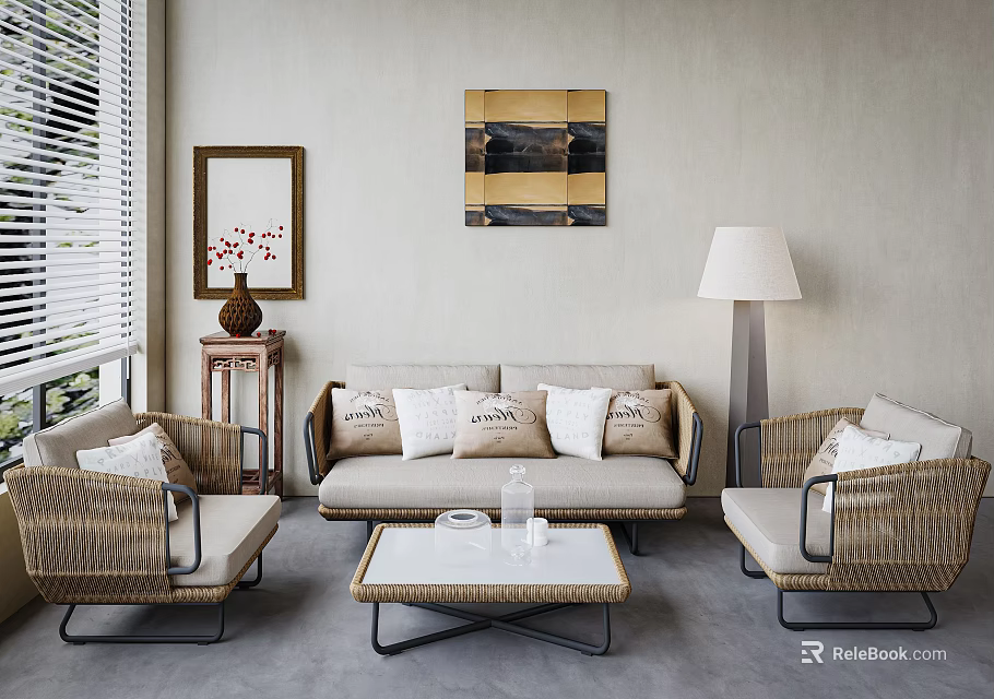 Modern Living Room Interior With Sofa Rattan Chairs Coffee Table Decorative Painting And Floor Lamp 3d model 