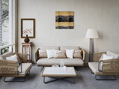 Modern Living Room Interior With Sofa Rattan Chairs Coffee Table Decorative Painting And Floor Lamp 3d model