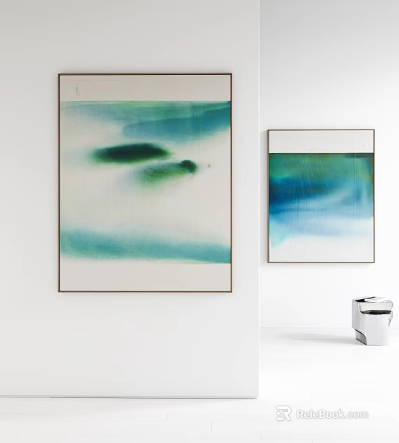 Two Abstract Paintings With Blue Green Tones On White Wall And Minimalist Frames 3d model