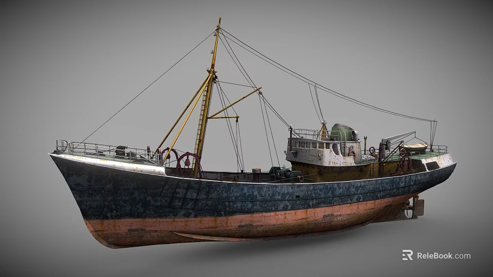Old Vintage Ship with Blue and Rusty Hull Yellow Mast and Deck Equipment 3d model 
