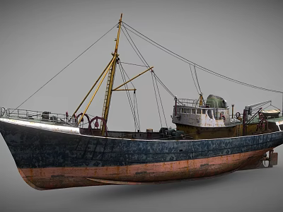 Old Vintage Ship with Blue and Rusty Hull Yellow Mast and Deck Equipment 3d model