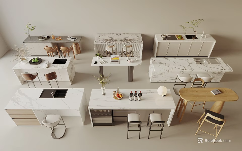 Modern Bar Counter Design With Marble Surface Stools Decorative Plants And Drinks 3d model