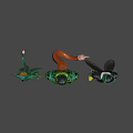 Three Green Character Action Figures With Spotted Patterns And Varied Poses