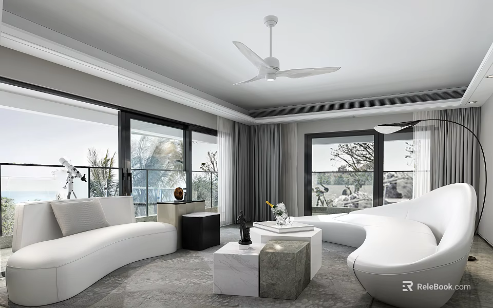 Modern Living Room With White Sofa Coffee Table Curtains And Floor to Ceiling Windows 3d model 
