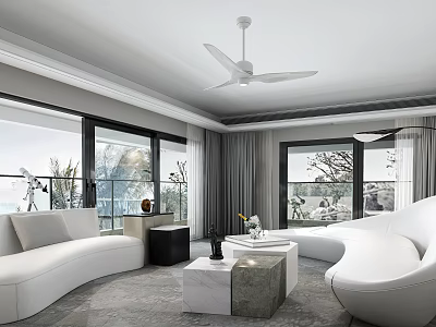 Modern Living Room With White Sofa Coffee Table Curtains And Floor to Ceiling Windows 3d model