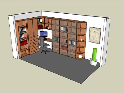 Modern Office Desk Workspace With Ergonomic Chair Computer Monitor Wooden Bookshelves And Wall Map 3d model