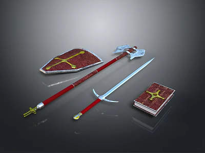 Medieval Weapons Set Including Red Shield Gold Cross Long Sword Battle Axe and Cross Book 3d model