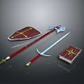 Medieval Weapons Set Including Red Shield Gold Cross Long Sword Battle Axe and Cross Book