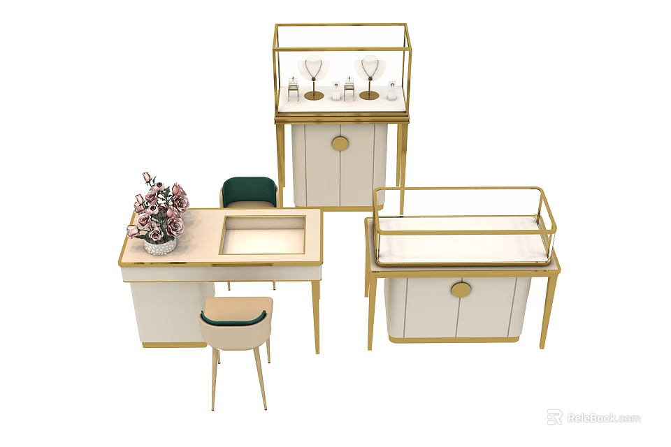 Elegant Luxury Display Shelves With Gold Frame White Cabinet And Jewelry Counter Stool 3d model 