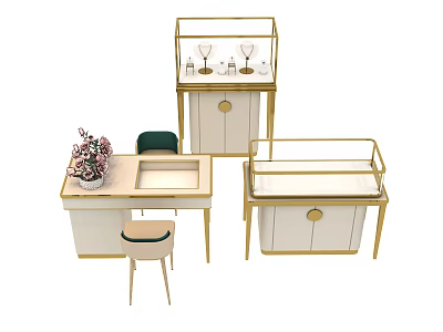 Elegant Luxury Display Shelves With Gold Frame White Cabinet And Jewelry Counter Stool 3d model