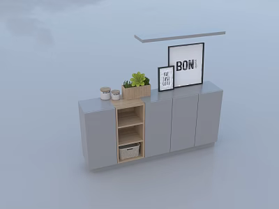 Modern Gray Shoe Cabinet With Open Compartments Top Shelf And Potted Plant 3d model