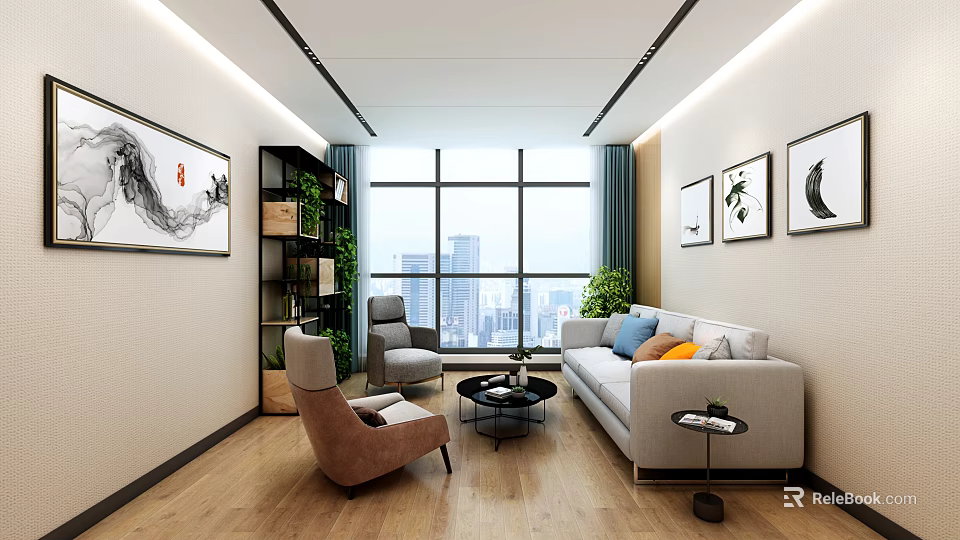 Modern Office Interior With Sofa Chairs Green Plants Large Windows City View And Decorative Paintings 3d model 