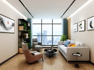 Modern Office Interior With Sofa Chairs Green Plants Large Windows City View And Decorative Paintings 3d model