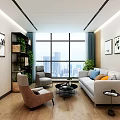 Modern Office Interior With Sofa Chairs Green Plants Large Windows City View And Decorative Paintings