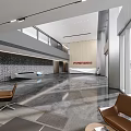 Modern Front Lobby Reception Desk With Marble Floor Leather Seating And Floor To Ceiling Windows