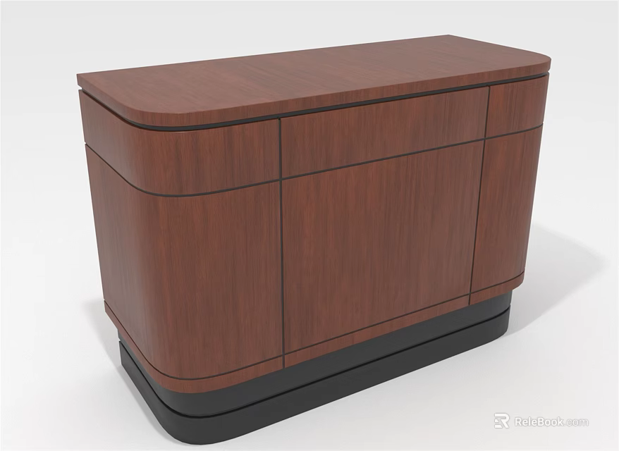 Modern Wooden Reception Desk With Curved Front And Cabinet Doors On Sturdy Black Base 3d model 