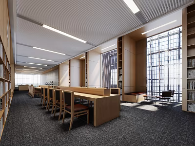 Book Art Inspired Library Space With Wooden Bookshelves Long Tables And Natural Light Windows 3d model