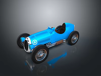 Blue Vintage Open Top Race Car With Black Seats And Silver Wheels On Dark Background 3d model