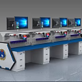 Ergonomic Functional Control Workstation Desk With Multiple Monitors Blue Desktop And Storage Drawers 3d model