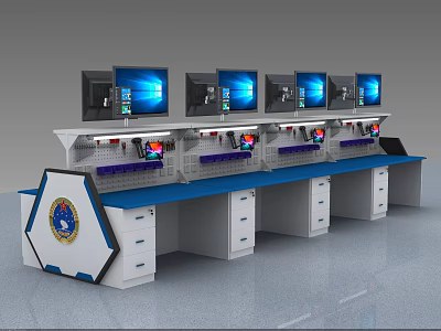 Ergonomic Functional Control Workstation Desk With Multiple Monitors Blue Desktop And Storage Drawers 3d model