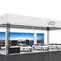 Audi Exhibition Booth Display With White Cars And City Night View Backdrop