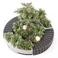 Outdoor Landscape Seating with Curved Design Surrounded by Pine Palm and Greenery Plants