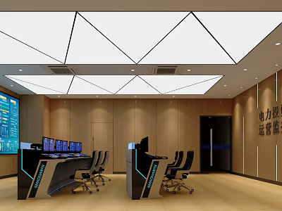 Modern Monitoring Room Interior With Multiple Monitors Control Desks And Wooden Walls 3d model
