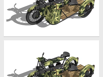 Military Camouflage Sidecar Motorcycle With Wooden Cargo Carrier And Classic Design 3d model