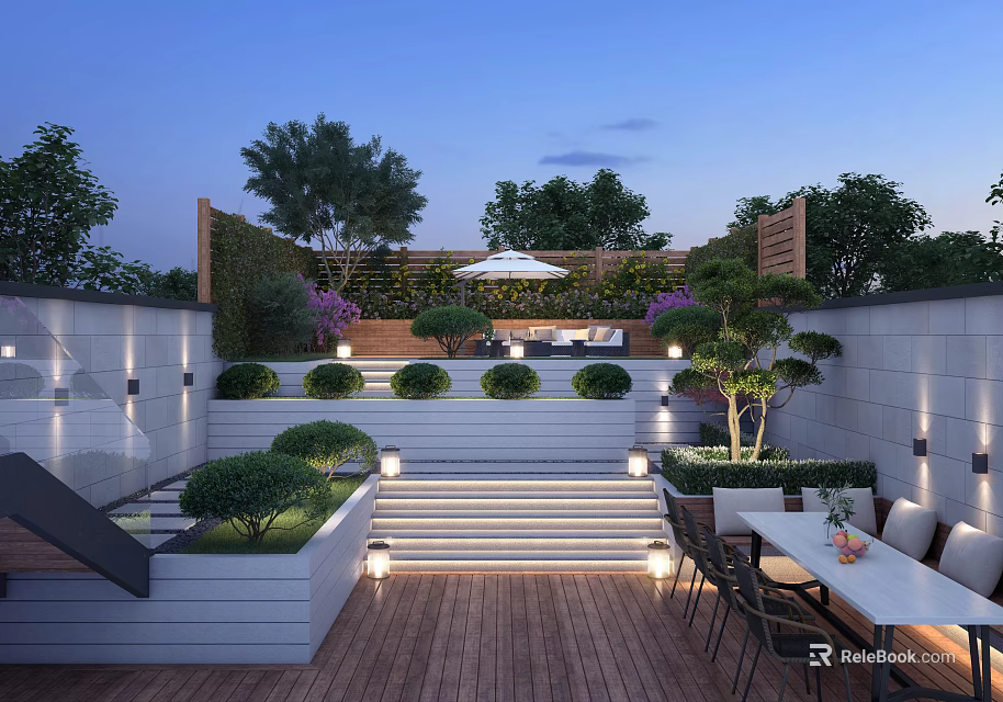 Modern Garden Landscape With Wooden Deck Stone Steps Trimmed Shrubs Purple Flowers And Lighting 3d model 