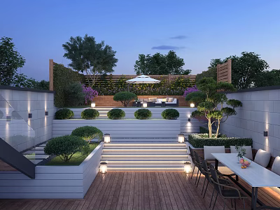 Modern Garden Landscape With Wooden Deck Stone Steps Trimmed Shrubs Purple Flowers And Lighting 3d model