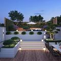 Modern Garden Landscape With Wooden Deck Stone Steps Trimmed Shrubs Purple Flowers And Lighting