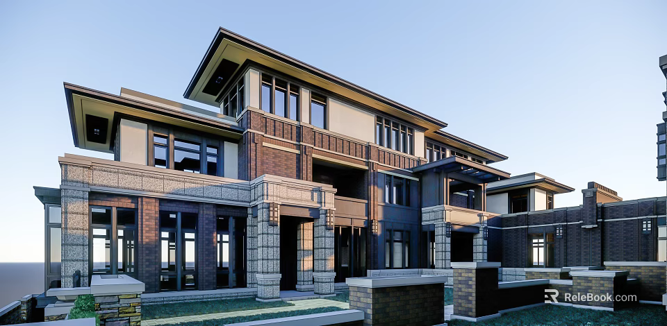 Modern Townhouse Exterior Design Featuring Brick Stone Facade Front Porch And Large Windows 3d model 