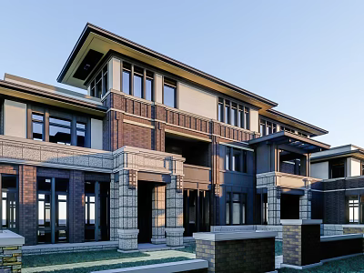 Modern Townhouse Exterior Design Featuring Brick Stone Facade Front Porch And Large Windows 3d model