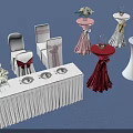 Wedding Dining Table Set With Long Dining Table Chairs Bow Decorations Flower Vases And Tableware 3d model