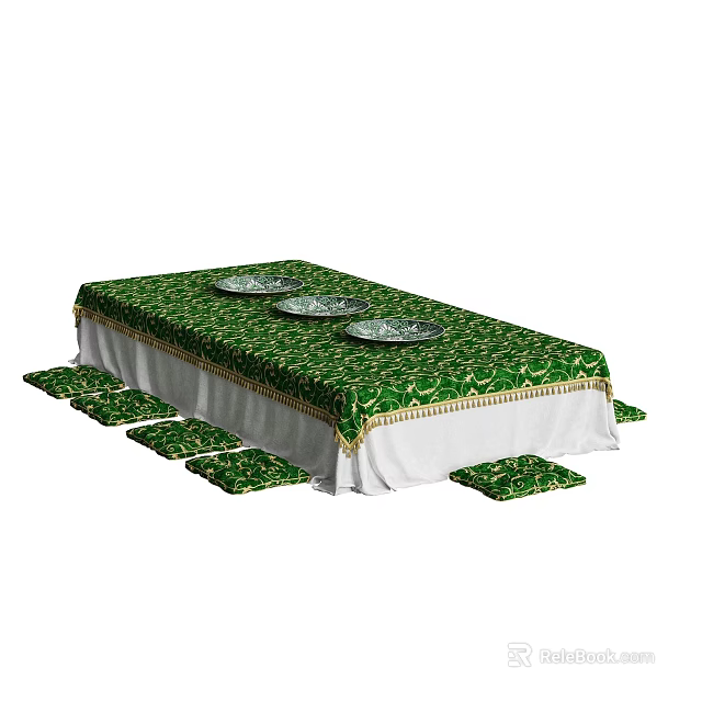 Elegant Dining Table Set With Green Tablecloth Gold Trim Plates And Placemats 3d model 