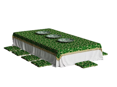 Elegant Dining Table Set With Green Tablecloth Gold Trim Plates And Placemats 3d model