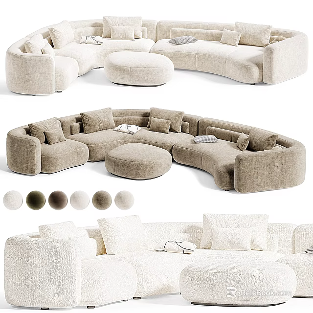 Curved Double Sofa with Soft Cushions Upholstered Fabric and Multiple Color Options 3d model 