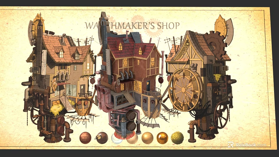 Intricate Garden Landscape Featuring Watchmaker's Shop With Mechanical Structures And Gears 3d model 