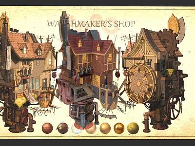 Intricate Garden Landscape Featuring Watchmaker's Shop With Mechanical Structures And Gears 3d model
