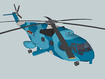Blue Helicopter Featuring Camouflage Design Rotors Fuselage Cockpit Windows And Landing Gear 3d model