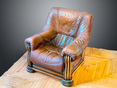 Leather Single Seater Sofa With Armrests And Striped Legs On Herringbone Wooden Floor 3d model