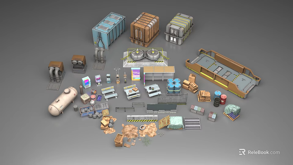 Public Facilities 3D Model Collection with Various Equipment Containers and Infrastructure Components 3d model
