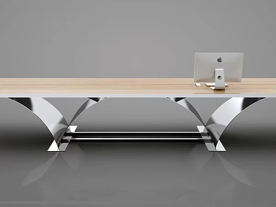 Modern Reception Desk With Wooden Top And Metal Frame Featuring Computer Monitor 3d model