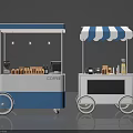 Commercial Mobile Coffee Carts With Blue And White Striped Canopies Equipped For Beverage Serving