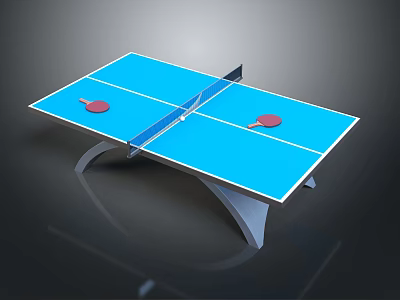Blue Ping Pong Table with Red Paddles and Modern Stand Design 3d model