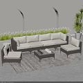 Outdoor Leisure Wicker Sofa Set With Light Cushions Coffee Table And Green Plants