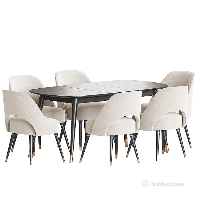 Modern Oval Dining Table Set With Black Tabletop And Six Beige Chairs 3d model