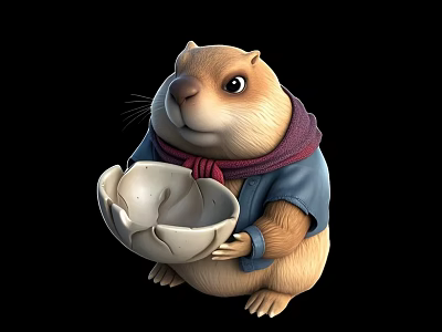 Cute Cartoon Groundhog Holding Broken Bowl Wearing Blue Coat And Purple Scarf 3d model